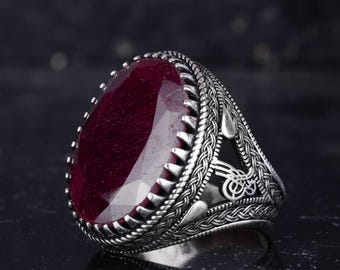 Men’s Ruby Ring with Ottoman Tughra – 18 Carat Natural Ruby & 925 Sterling Silver | Handmade Statement Ring by Kambo Jewelry
