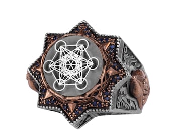 Metatron’s Cube Ring for Men – 925 Sterling Silver with Bronze Accents – Sacred Geometry Statement Jewelry