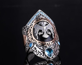 Sterling Silver Archer Ring, Seljuk Double-Headed Eagle, Created Topaz