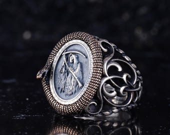Handcrafted 925K Silver Grim Reaper Snake Ring | Gothic Death Jewelry for Men | Bronze-Plated Serpent Frame | Kambo Jewelry