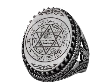 Seal of Solomon Islamic Ring 925 Sterling Silver Men’s Ring – Arabic Talisman Engraved Ring, Handcrafted Spiritual Silver Jewelry