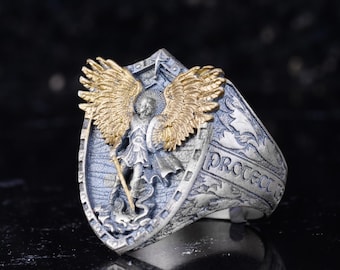 Saint Michael Archangel 925 Sterling Silver Men’s Ring with Gold Plated Wings – Warrior Angel Protection Ring,