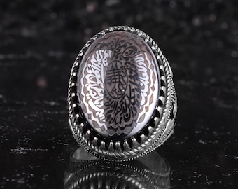 Ottoman Tughra Sterling Silver Ring white Hematite Natural Gemstone– Hand Engraved Signet, Sultan Inspired