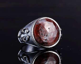 Natural Red Sapphire Men's Ring | Dragon Detail | 925K Sterling Silver | 15mm Gemstone | Kambo Jewelry