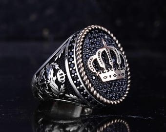 Unisex Crown Signet Ring with Black Zircon Stones – 925 Sterling Silver Handmade Ring by Kambo Jewelry