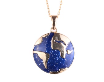 Silver World Map Necklace for Women – Silver Gold Plated Globe Pendant Necklace with Chain – Minimalist Earth Map Signet Style Jewelry