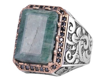Emerald Gemstone Ring for Men 925 Sterling Silver Rectangular Ring Bronze Detailed Handmade Ottoman Style Statement Jewelry
