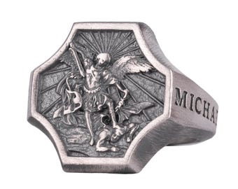 Saint Michael Ring – 925 Sterling Silver Ring for Men – Archangel vs Demon Design – Handmade Catholic Jewelry – Spiritual Gift