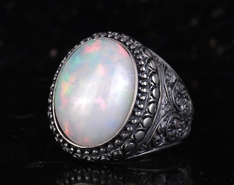 Natural Opal 12.5 carats Gemstone 925 Sterling Silver Men’s Ring – Handmade Heavy Opal Statement Ring, Large Oval Opal