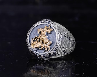 925 Sterling Silver St George Dragon Mens Ring Handmade Medieval Knight Ring