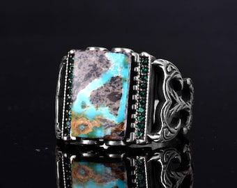 Handmade 925 Sterling Silver Men's Ring with Rectangular Natural Turquoise | 9 Carat Gemstone | Ottoman Style Custom Ring