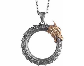 925 Sterling Silver Ouroboros Dragon Necklace – Handmade Norse Viking Style Pendant – Unique Gothic Jewelry Gift for Men & Women