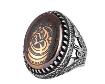 Ottoman Calligraphy Sterling Silver Men’s Ring – Hematite Natural Gemstone, Handcrafted Islamic Art Signet Ring – Vintage Middle Eastern