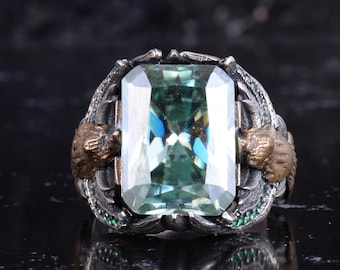 Moissanite Gemstone Men Ring Eagle Claw Design 925 Sterling Silver – Handmade Two Tone Statement Ring with Green Accent Stones.