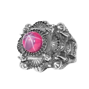 Handmade 925 Sterling Silver Star Ruby Mosque Ring, Islamic Big Statement Ring for Men, Ottoman Style Gemstone Ring, Artisan Jewelry