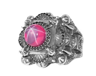 Star Ruby Mosque Ring for Men 925 Sterling Silver – Ottoman Islamic Handmade Big Statement Ring – Artisan Gemstone Jewelry