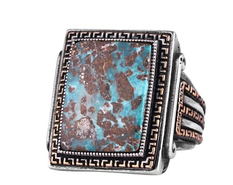 Natural Turquoise Gemstone Big Ring for Men 925 Sterling Silver Rectangular Statement Ring Handmade Artisan Jewelry