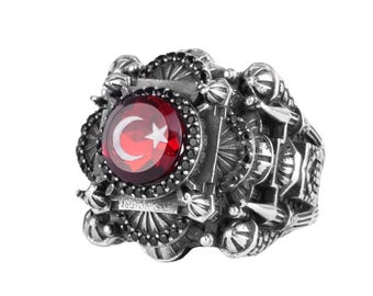 Handmade 925 Sterling Silver Crescent Star Ring, Ottoman Mosque Big Ring for Men, Created Red Stone Islamic Statement Ring