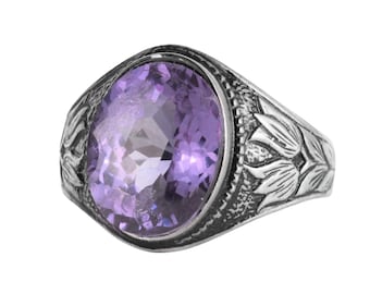 Certified Alexandrite Men Ring, 925 Sterling Silver Handmade Ring, Vintage Ottoman Style Purple Gemstone Ring
