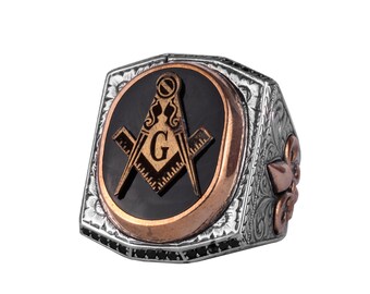 Masonic Men's Ring - 925 Sterling Silver and Bronze - Freemason Symbol Jewelry - Handcrafted Statement Ring