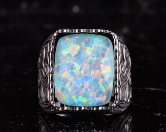 Certified Natural Cushion Cut Opal Men Ring – Handmade 925 Sterling Silver Ring – Vintage Ottoman Style Multicolor Gemstone Jewelry