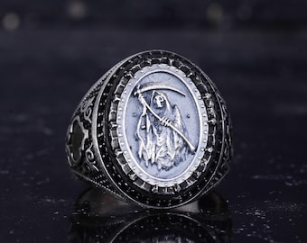 Grim Reaper Ring for Men – 925 Sterling Silver Gothic Death Symbol Ring with Black Stones | Handmade by Kambo Jewelry