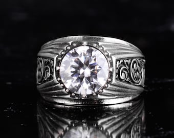 Gecertificeerde Moissaniet-diamanten edelsteenring voor heren - 925 sterlingzilveren ring - Handgemaakte statementring met GRA-certificaat