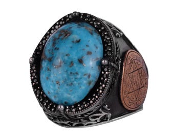 Natural Arizona Turquoise Men’s Ring 925 Sterling Silver – Seal of Solomon Ring – Heavy Handmade Statement Ring – Ottoman Symbolic Men