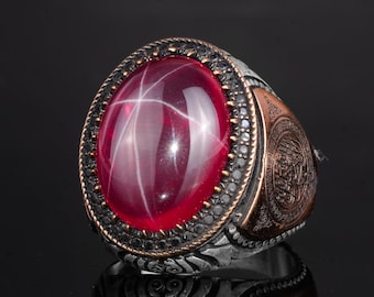 Star Ruby Ring for Men – Sterling Silver Ottoman Islamic Calligraphy