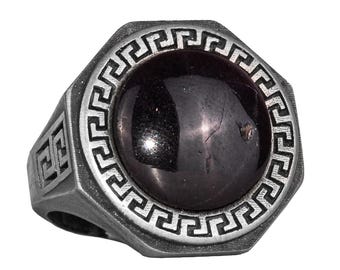 Natural Star Garnet Silver Ring for Men – Handmade 925 Sterling Silver Ring – Greek Key Design – Large Oval Star Garnet Ring