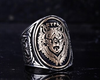 Men’s Wolf Ring – 925 Sterling Silver Tribal Signet Ring with Bronze Detail | Handmade Viking Jewelry by Kambo