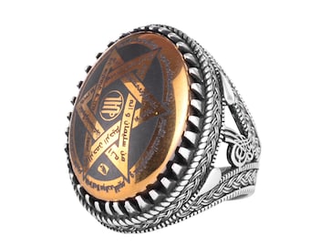 Seal of Solomon Sterling Silver Men’s Ring – Ottoman Star Engraved Signet Ring – Arabic Calligraphy Statement Jewelry