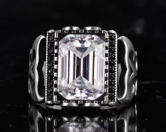 Certified Moissanite Gemstone Men Ring - 925 Sterling Silver Rectangular Signet Ring - Handmade Statement Ring with GRA Certificate