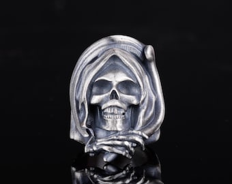Grim Reaper Skull Ring for Men – 925 Sterling Silver Heavy Biker Ring – Hooded Skeleton Design – Handmade Gothic Jewelry – Custom Size