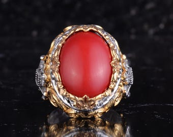 Natural Red Coral Men Ring 925 Sterling Silver Gold Plated Handmade Vintage Statement Ring Natural Stone