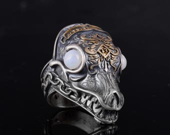 Handmade Sterling Silver Dragon Ring, Gold Plated Gothic Ring with Natural Opal Gemstone Eyes