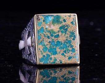 Cross Embossed 925 Sterling Silver Men's Ring with Genuine Arizona Turquoise – Square Stone Handmade Vintage Design