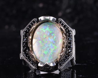 Natural Opal Men Ring - 925 Sterling Silver Big Statement Ring - Handmade Oval Opal Gemstone Ring
