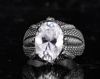 Certified Moissanite Claw Ring for Men - 925 Sterling Silver Oval Cut Gemstone Ring - Handmade Statement Jewelry with GRA Certificate