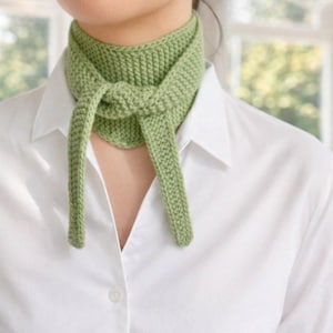 May include: A light green knitted scarf tied in a knot. The scarf is worn over a white collared shirt. The scarf's ends hang down. The background is blurred, with a window visible.