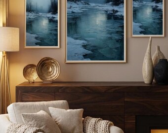 Winter River Landscape Print – Moody Frozen Creek, Snowy Cottage (Digital Download)