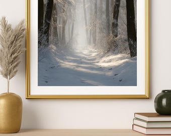 Winter Forest Path Art Print, Snowy Landscape Painting (Digital Download)