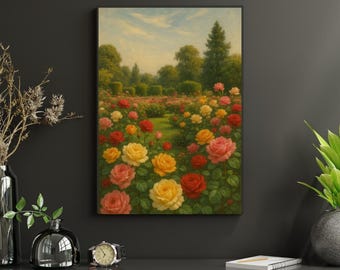 Rose Garden Painting, Cottagecore Floral Landscape (Digital Download)