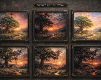 Cottagecore Landscape Art Prints | Sunset Meadow, Forest Cabin (Digital Download