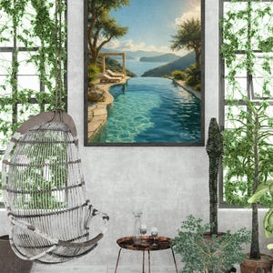 May include: A framed landscape painting depicts a serene pool overlooking a bay. The artwork features a blue pool, trees, and a sunny sky. The scene is set in a bright, airy room with a hanging chair and potted plants.
