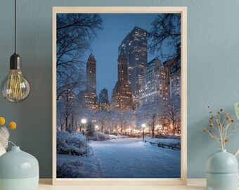 Winter Central Park Print, Snowy NYC Skyline, Blue Hour (Digital Download)
