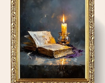 Vintage Candle and Book Still Life Art Print, Rustic Literary Decor (Digital Download)