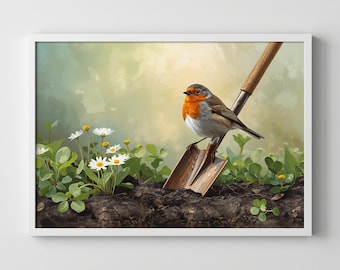 Cottage Garden Bird Painting, Spring Floral Vintage Wall Art