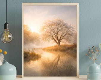 Serene Winter Tree by River Landscape Painting – Printable Frosty Nature Wall Art, Golden Sunrise, Calm Reflection Decor