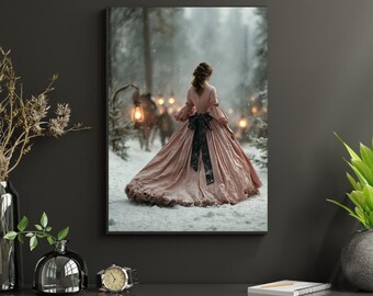 Victorian Woman Winter Forest Print, Pink Ball Gown (Digital Download)